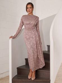 Modelyn Damen Spitze Volant Langarm Schlitz Figurbetontes Elegantes Partykleid - Pink - Übersicht 4