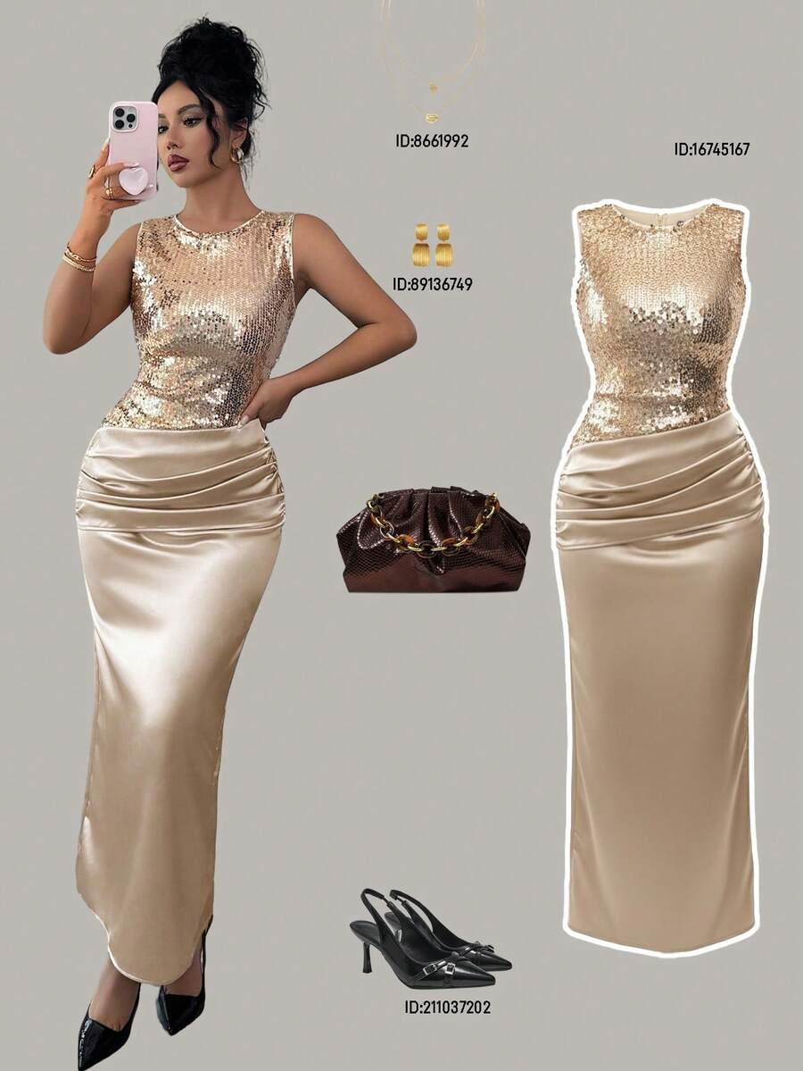 Siren Gaze Robe sans manches pour femmes avec décoration de sequins, robe d'hiver à la mode pour femmes, robe de Noël avec sequins, robe dorée à sequins, robe scintillante, robe brillante, robe pailletée, robe pour le Nouvel An, robe de soirée - Champagne - Voir 1