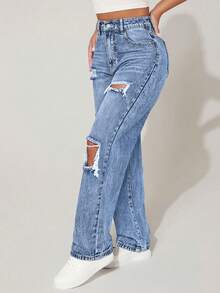 SHEIN PETITE Women's High Waist Pockets Distressed Straight Loose Casual Denim Jeans - Light Wash - View 3