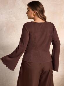 SHEIN LUNE Women's Ribbed Knit Tie Front Elegant Commute & Date Top, Autumn/Winter - Brown - View 2