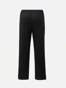 SHEIN Sexy Lace Blouse & Flare Pants Women Pajama Set - Black - View 4