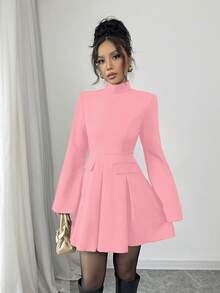 SHEIN Elenzya Đầm mini tay dài xếp ly cổ đứng màu trơn thời trang thanh lịch cho nữ - Hồng - Xem 3
