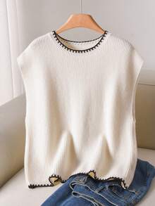 CosyJoli Plus Size Women Casual/Office Commute Contrast Binding Bowknot Back Batwing Sleeve Loose Knit Sweater, Autumn/Winter Fall/Winter - White - View 2