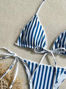 Swim Mod Women's Casual Vacation Beach Striped Halter Bikini 2 Pieces Set