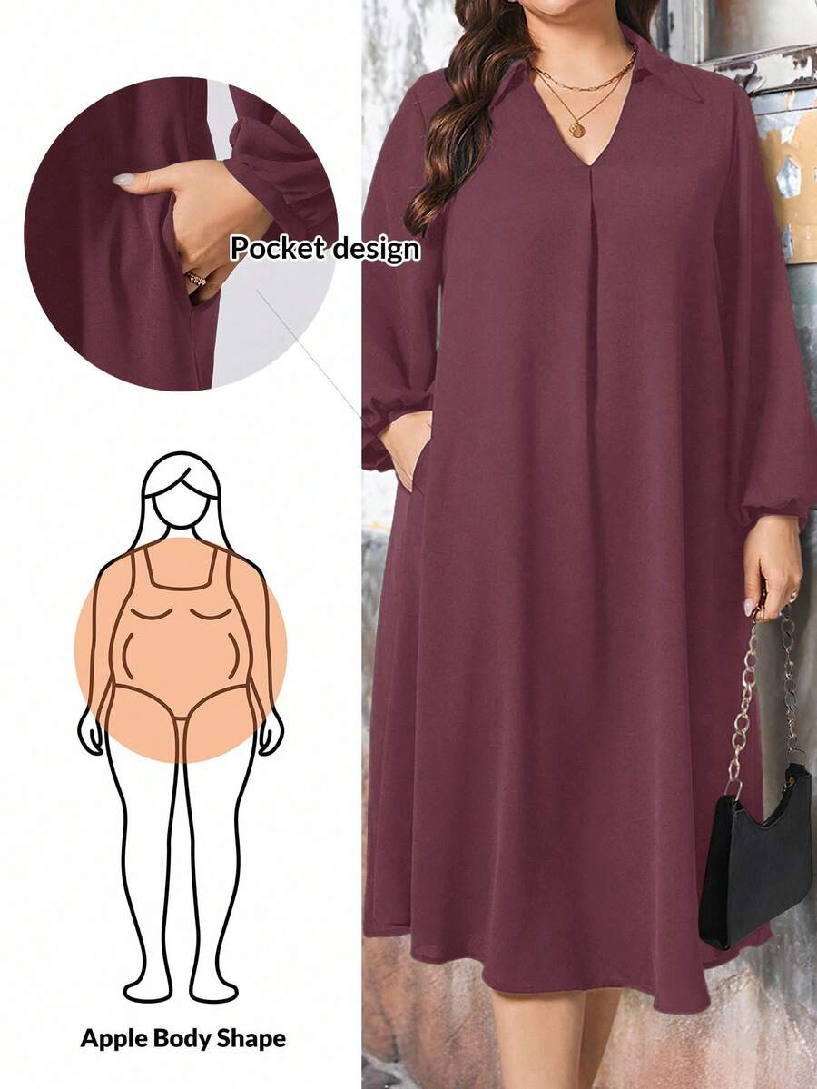 SHEIN Essnce 大码女装春夏时尚休闲宽松舒适清爽日常黑色V领长袖中长连衣裙,保守连衣裙,女士教堂服装,老钱风格,端庄女装,曲线黑色连衣裙,春季穿搭 - 紅木色 - 查看 1