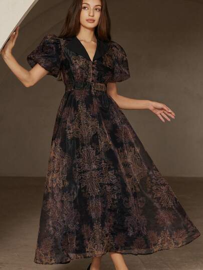 Aveloria Rosie 优雅复古欧根纱佩斯利花纹随机印花泡泡袖撞色下摆中长连衣裙，百搭精致，适合女性