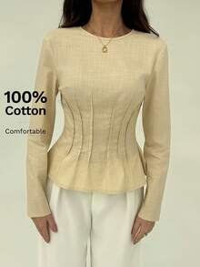 Aloruh Khaki Round Neck Raglan Sleeve Gathered Waist Fashionable Elegant Pleated Shirt - Khaki - View 1