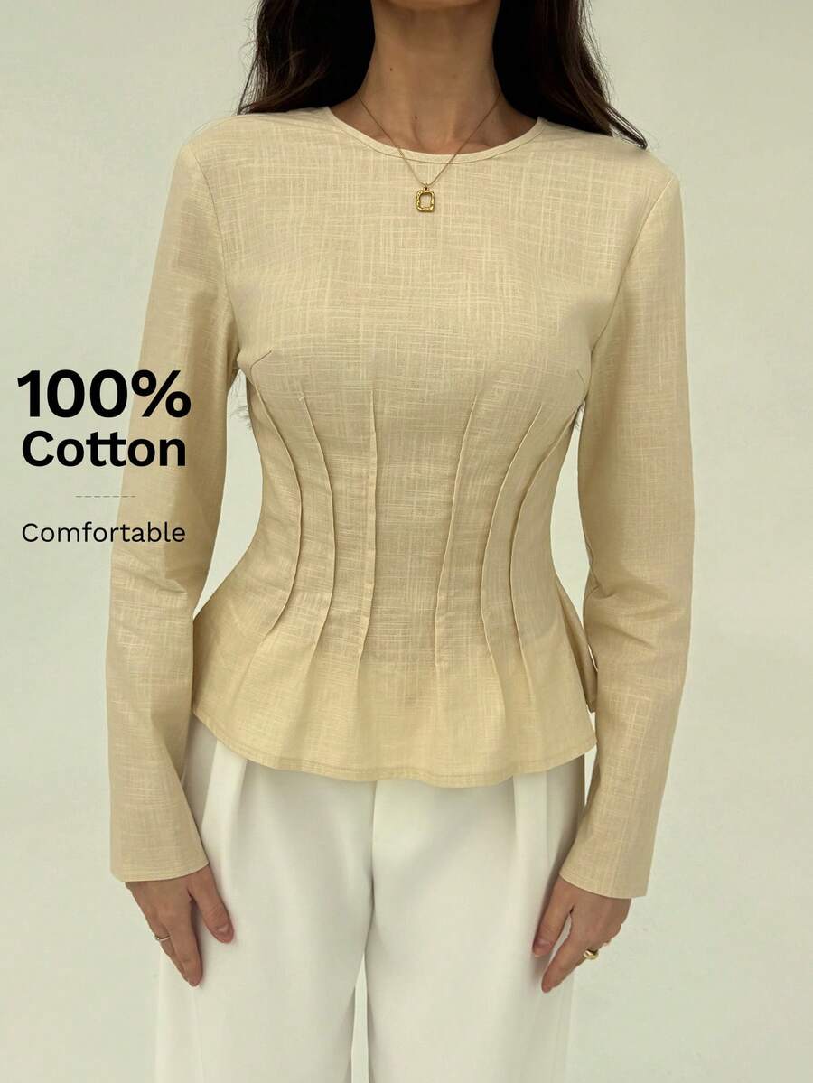 Aloruh Khaki Round Neck Raglan Sleeve Gathered Waist Fashionable Elegant Pleated Shirt - Khaki - View 1