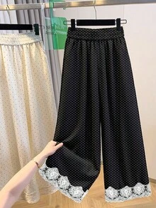 GlowEve Elegant And Casual Black And White Polka Dot Woven Lace Trousers For Ladies - Black and White - View 5