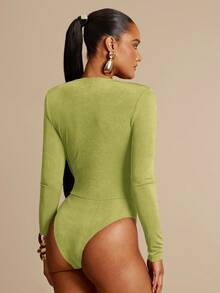 Silquee Olive Green Plunging Neckline Elegant Shoulder Pad Ruched Long Sleeve Bodysuit, Suitable For Dates, Outings, Weddings And Parties - Olive Green - View 2