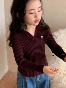 DAZY 女童纯色翻领修身长袖毛衣 - 酒紅色 - 查看 7