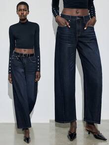 Maija Jeans de pierna ancha de unicolor, versátiles y casuales con bolsillos para mujer - Azul lavado oscuro - Ver 8