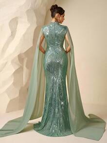 Coutiva Váy dài tay đính sequin thanh lịch, váy dạ hội cao cấp cho tiệc tối - màu xanh lá - Xem 2