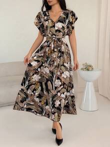 Mulvari Ruffle Cuff Allover Floral Belted Dress Maxi Women Outfit - Multicolor - View 3