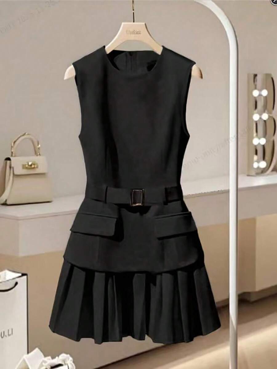 Franclia 法式优雅简约百搭日常圆领无袖收腰褶裥裙摆白色连衣裙，无弹力，适合女士春夏穿着，也适合大学校园穿着。 - 黑色 - 查看 1