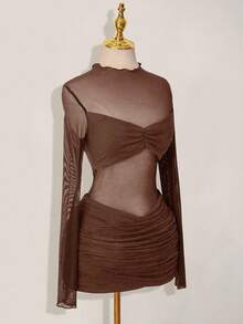 SHEIN ICON Mesh Patchwork Sheer Ruched Long Sleeve Mini Dress,Dresses For Women Party - Brown - View 6