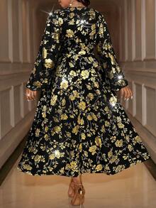 Cravure Women's V-Neck Waist Ruched Metallic Dress, Lantern Sleeve Random Print Belted Long Dress - Black - View 2
