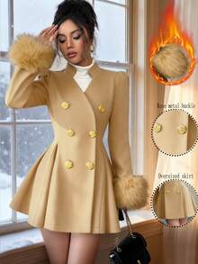 GlowEve 女士优雅常规款外套，双排扣设计，配人造毛皮袖口，秋冬季 - 卡其色 - 查看 3