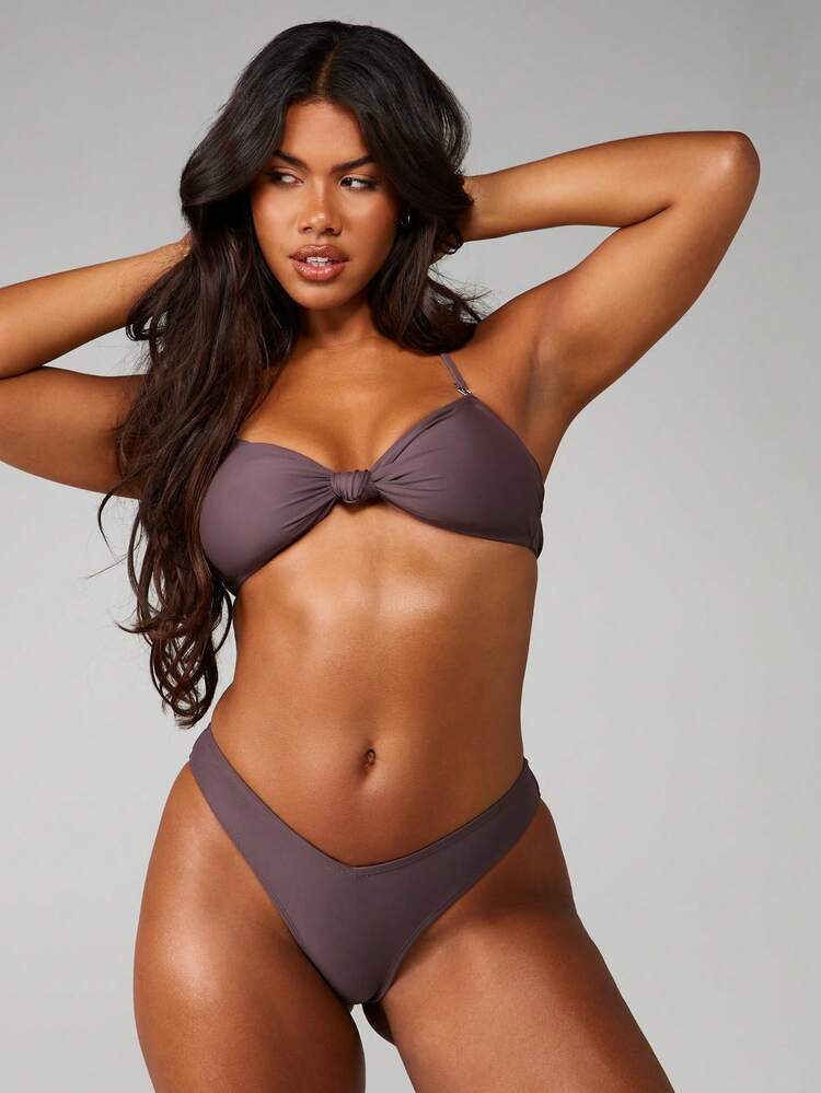 MISSGUIDED Two Piece Knotted Bandeau Bikini Set Strapless Top With High Waisted Bottom Summer Beach Swimwear