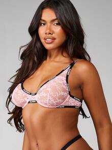 Missguided x Playboy Lace Balconette Unpadded Bra With Contrast Logo Straps And Underwire Support - Pink - View 3