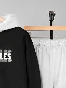 SHEIN 2件套青少年男童撞色连帽卫衣和运动裤套装，春秋季休闲运动装，适合情人节穿着 - 彩色 - 查看 3
