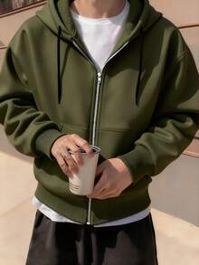 Claim Dot 男士休闲短款连帽开衫 - 軍綠色 - 查看 3