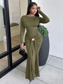 Alexandranx Autumn/Winter New Meraid Women Long Dress - Army Green - View 6