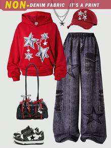 SHEIN 2 Stücke/Set Teenager Mädchen Loose Fit Kapuzen Langarm Sweatshirt mit Sternendruck und bequeme Hose mit elastischem Bund und weitem Bein mit Muster, geeignet für Streetwear - Rot - Übersicht 1