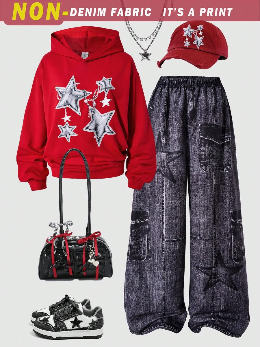 SHEIN 2 Stücke/Set Teenager Mädchen Loose Fit Kapuzen Langarm Sweatshirt mit Sternendruck und bequeme Hose mit elastischem Bund und weitem Bein mit Muster, geeignet für Streetwear - Rot - Übersicht 1