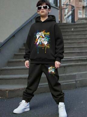 2pcs Tween Boy Casual Minimalist Long Sleeve Hoodie Sweatshirt Set, Suitable For Autumn/Winter, Classic Gamepad Graphic Print, Gamer Text Graphic Print