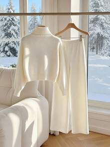 Franclia 2件套 女士休闲宽松运动韩版可爱百搭阔腿裤+毛衣套装，秋冬季 - 米色 - 查看 2