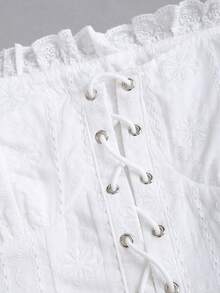 Sweetra 女士必备性感蝴蝶结刺绣饰边露肩修身短袖上衣 - 白色 - 查看 4