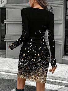 SHEIN LUNE Autumn Party Glitter Long Sleeve Ruched Waist Turtleneck Elegant Short Bodycon Dress, Autumn/Winter - Multicolor - View 5