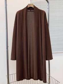 Franclia 3-częściowy dzianinowy, jednokolorowy, swobodny komplet dla kobiet, w tym kamizelka z golfem, kardigan z długim rękawem i spódnica z elastyczną talią i rozcięciem w kształcie litery A, kolor kawowy, jesień/zima - Kawowy brązowy - Zobacz 3