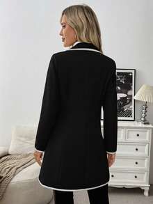 EMERY ROSE Women's Elegant Casual Commuter Black & White Patchwork Long Wool Blend Coat - Black - View 2