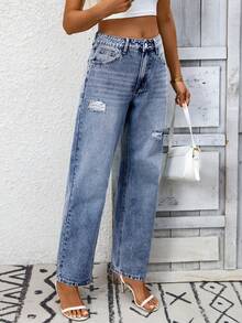 EMERY ROSE Quần jeans ống côn rách rách thường ngày - Rửa trung bình - Xem 9