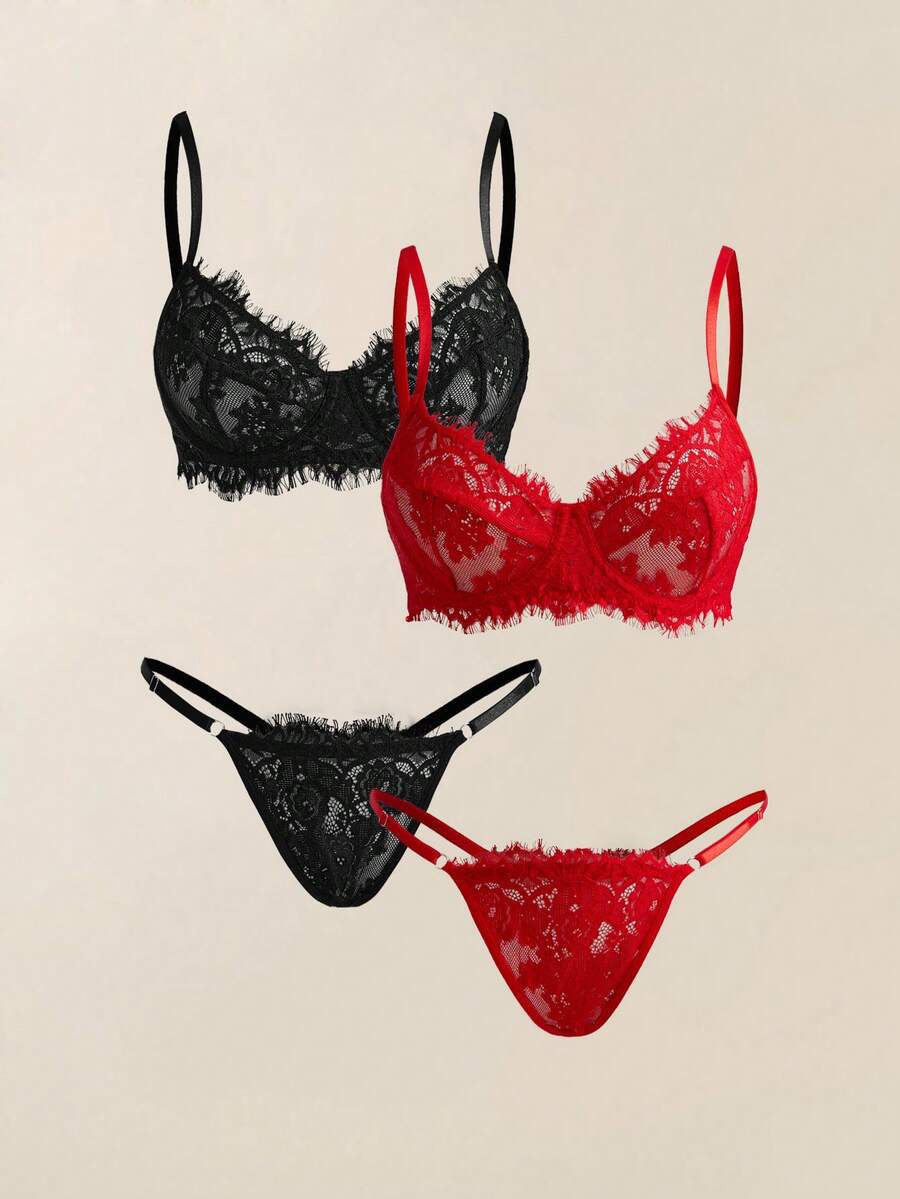 Snug Zone 4件套女士纯色透明蕾丝细肩带性感内衣套装 - 彩色 - 查看 1