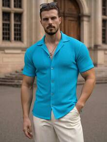 Manfinity VCAY Chemise casual/d'affaires à boutonnage simple de couleur unie pour hommes - Bleu azur - Voir 4