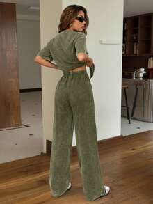 SHEIN EZwear 复古水洗宽松圆领短袖直筒裤套装，休闲家居服，秋冬