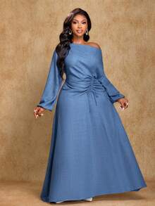Brilight Damen Einfarbiges Kleid mit asymmetrischem Kragen, Langarm und plissiertem Saum - Grau-Blau - Übersicht 7