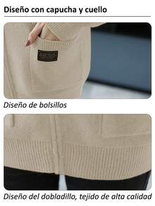 Chaqueta para mujer con capucha de tejido de punto, chamarra para dama con cremallera y bolsillos grandes, colores café y beige, cálida para días frescos - Beis - Ver 5