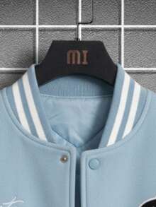 Chaqueta universitaria para hombre estilo casual juvenil con bordado creativo, ajuste holgado, cuello alto, manga larga, primavera otoño, uso diario, chamarra - Azul - Ver 4