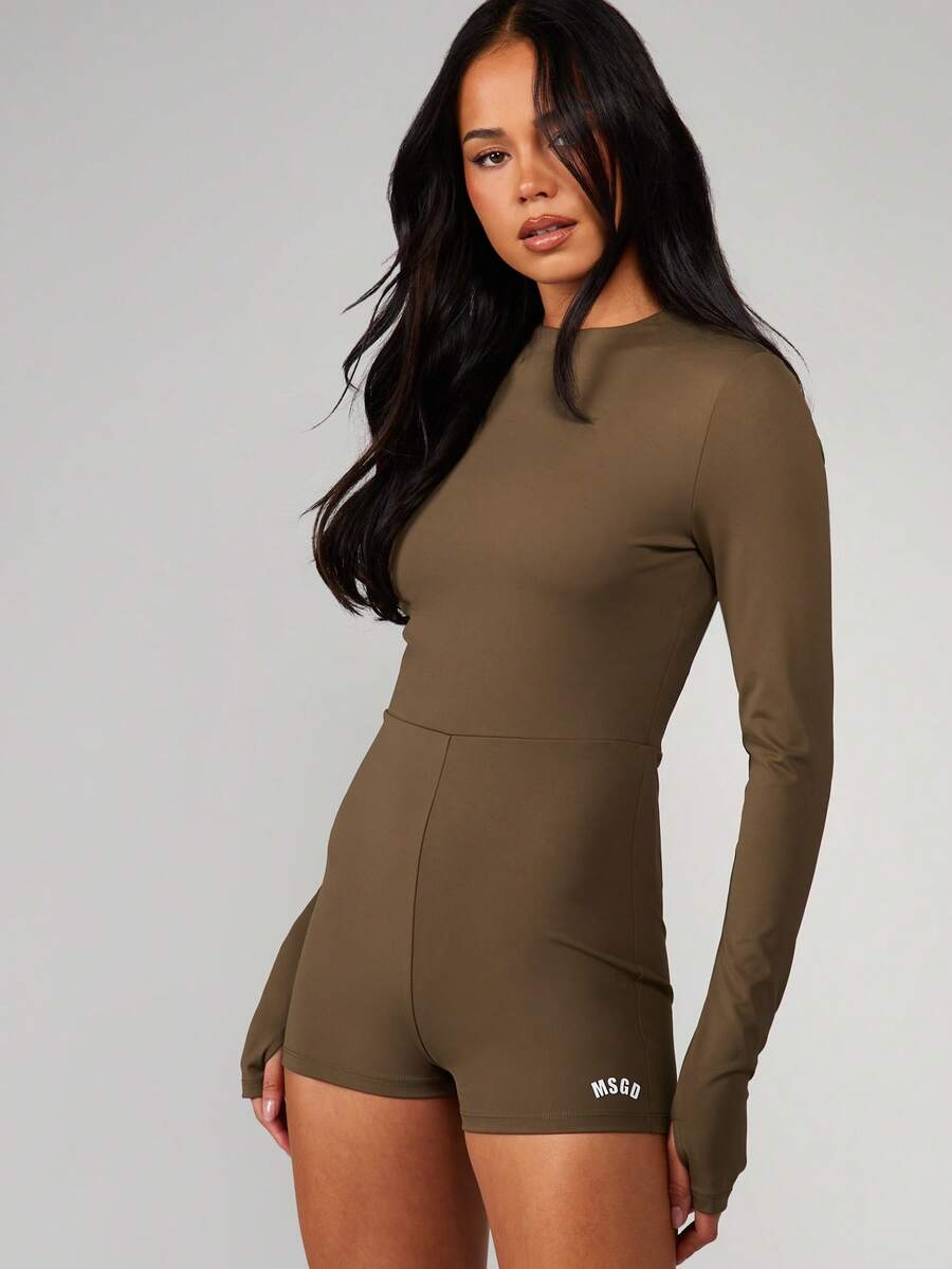 MISSGUIDED 橄榄绿长袖运动连体短裤，圆领修身设计，适合健身锻炼 - 軍綠色 - 查看 1