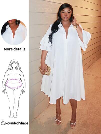 Enliva Damer Enfärgad Enkel Casual Strand Kortärmad Layered Ruffelärmad Skjorta, ojämn fåll mellanlång klänning