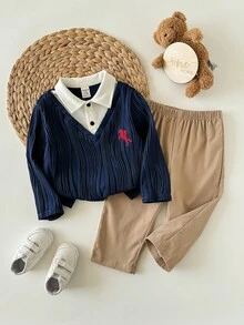 可爱撞色翻领长袖卫衣和松紧腰裤套装，适合男婴（2 件套），秋冬季，纹理卫衣 Polo 衫和裤子两件套，上下装二合一，休闲居家外出套装。 - 彩色 - 查看 5