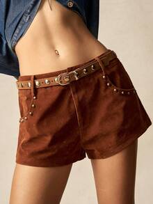 Bohemela Boho Solid Color Woven Casual Shorts For Women, Suitable For Christmas, New Year, Party - Brown - View 3