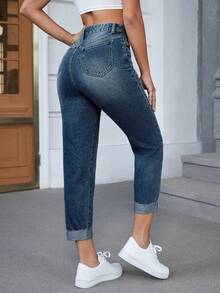 EMERY ROSE Pantalones vaqueros de mujer recortados y casuales con dobladillo de bolsillo - Azul - Ver 2