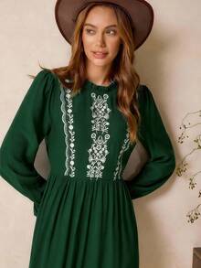 LanaWest Women's New Brown Round Neck Frill Trim Long Sleeve High Waist Flared Hem Retro Embroidered Wavy Hem Maxi Vintage Casual Bohemian Western Dress, Autumn/Winter - Dark Green - View 7