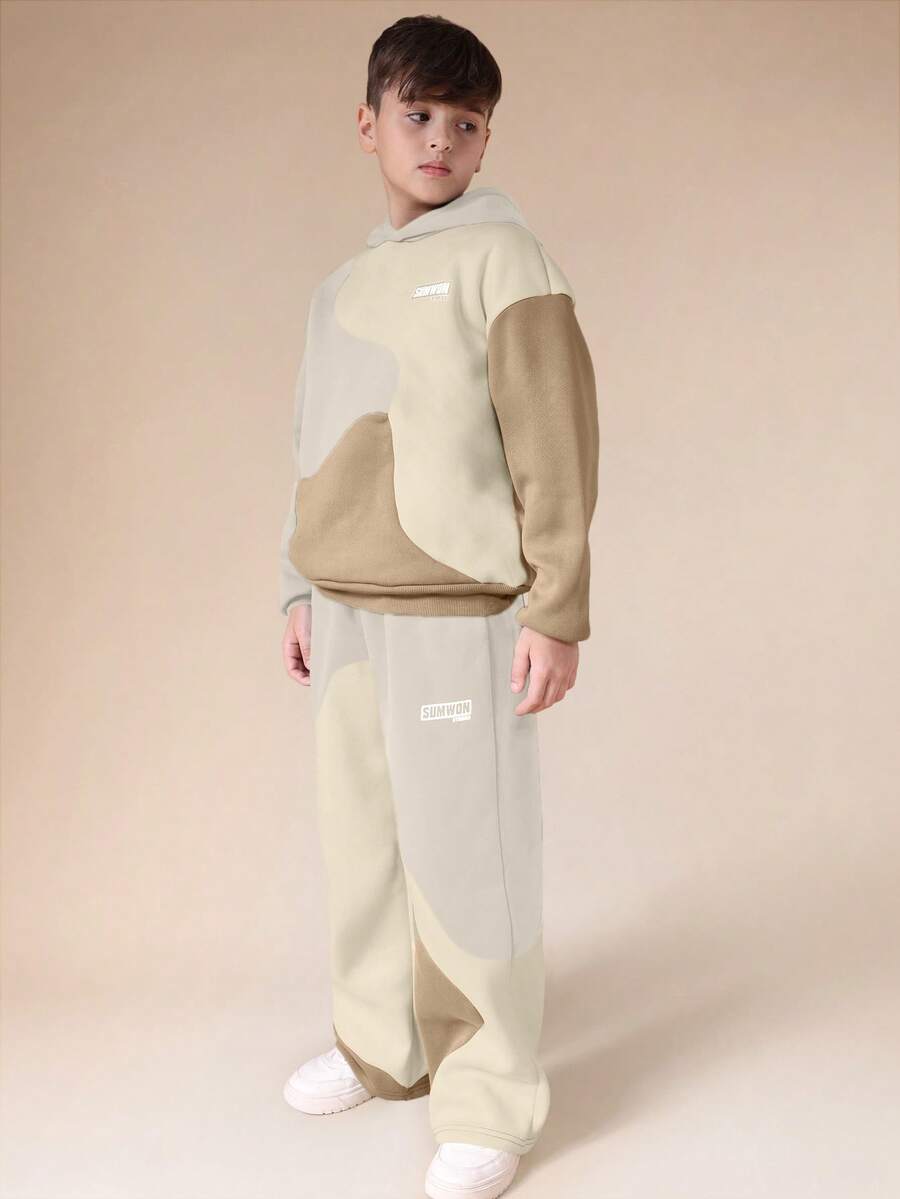 SUMWON Tween Boys Hoodie And Jogger Co-Ord Set Warped Design Urban Streetwear Comfortable Casual Sweatshirt Tracksuit Vacation - Apricot - View 1