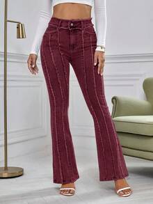 SHEIN Essnce Quần jeans ống loe có túi viền tua rua dành cho nữ - Màu Đỏ Sâu - Xem 4